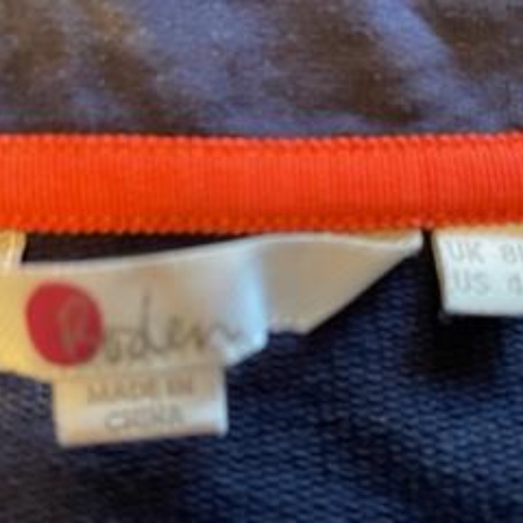 Boden Blue Dress with red, blue, pink velour stripes on sleeves, pockets size 4 - Picture 2 of 4